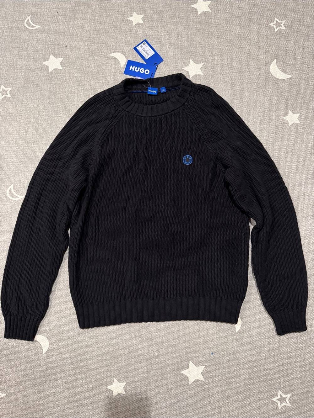 HUGO by Hugo Boss Black Crewneck Sweater with Blue Smile Patch